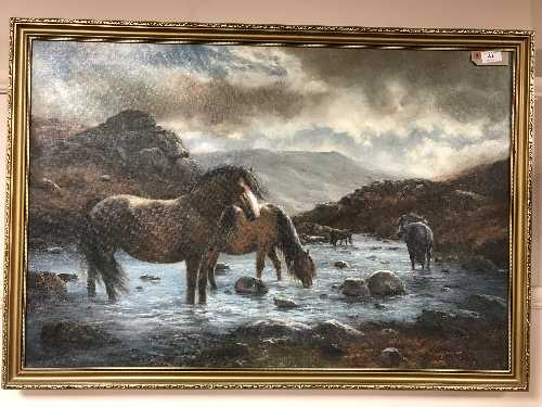 John Trickett : Moorland horses by a shallow stream, oil on canvas, 60 cm x 90 cm, signed, framed.