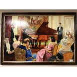 J M Broadbent : Figures by a piano, oil on board, 62 cm x 94 cm, signed, framed.
