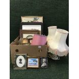 A box of framed pictures, prints, needleworks, engraving,