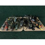Two trays of plastic and die cast helicopters with stands
