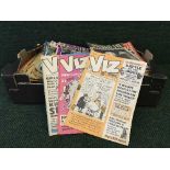 Two boxes of private eye and Viz comics, assorted books, mugs,