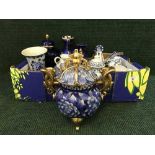 Two boxes of china, glass ware, blue and white vases, English commemorative teapot,