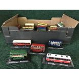 A box of Great British Buses and Trams on stands