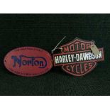 Two cast metal motorcycle plaques - Harley Davidson and Norton