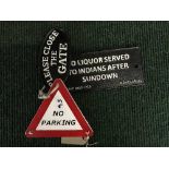 Three small cast iron plaques - No Parking, Please close the gate etc.