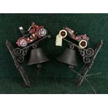 Two cast metal wall brackets with bells - Vintage racing car and motorcycle