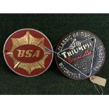 Two cast metal motorcycle plaques - Triumph and BSA