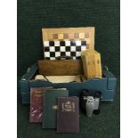 A fly fishing box of flies, two chess boards, pair of Mead binoculars,