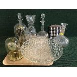 A tray of two clocks under shade, glass bowl, thimbles,