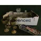 Two boxes of glass ware, brass candlesticks,