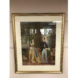 A gilt framed watercolour depicting Victoria and Albert in palace interior,