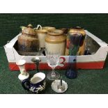 Two boxes of stoneware jars, glass vases,
