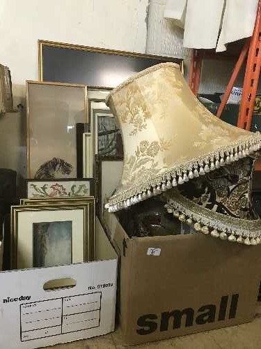 A box of three tables lamps and a large quantity of pictures and mirrors