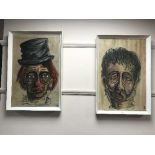 Two mid 20th century portraits depicting clowns, oil on canvas laid to board, framed.