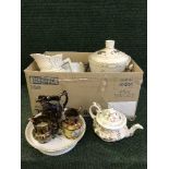 A box of jug and basin set, ceramic teapots,