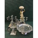 A tray of EPNS to include three piece tea service, candellabra, tazza etc,