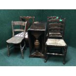 An oak drop leaf table, pair of ladder back chairs,