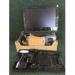 A box of staple gun, mobile phones, cameras, Panasonic hi/fi,