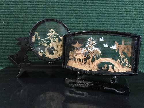 Two Chinese carved miniature landscapes in lacquered cases