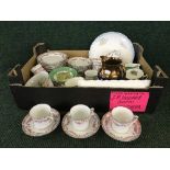 Two boxes of Swansea tea set, cottage ware, marble figures, copper lustre vase,