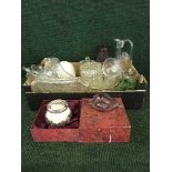 Two boxes of assorted glass ware, teapot, oil lamp,