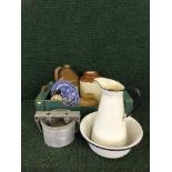 Two boxes of stone ware jars, blue and white ware, jug and basin,