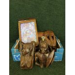 A box of inlaid butterfly tray, wooden candlesticks,