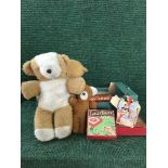 A box of vintage Teddy bears and games and a boxed Cinderella & Prince Charming waltzing figure