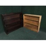 A set of mahogany shelves by Rossmore and a set of oak open shelves