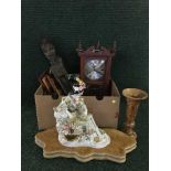 Two boxes of glass ware, dolls, wall clock,