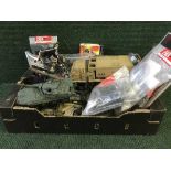 Two boxes of assorted plastic models, toys, Airfix cycle,