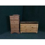 A pine four drawer chest and a pine blanket box