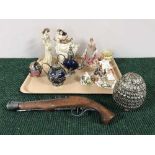 A tray of two Lillyput Lane cottages, three Leonardo collection figures, replica flint lock pistol,
