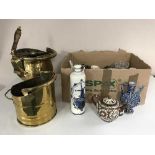 A box of needlework panels, china, Delft ware, antique pottery teapot,