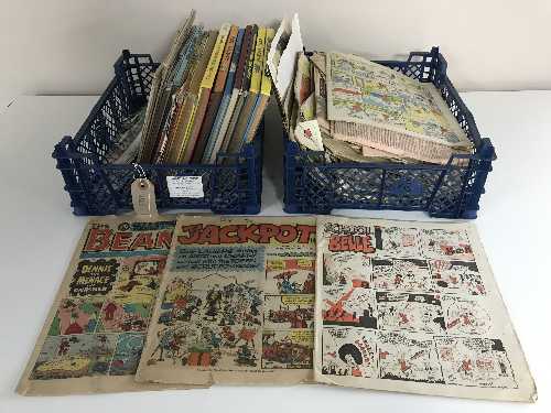 Two baskets of assorted annuals - Wizza and Chips, Jackpot etc and a quantity of comics - Beazer,