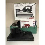 A box of Samsung DVD surround sound system, Morphy Richards stand mixer, headphones,