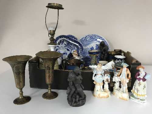A box of Devon ware jug, table lamp, figures, lustre jug, brass ware, blue and white serving dishes,