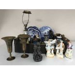 A box of Devon ware jug, table lamp, figures, lustre jug, brass ware, blue and white serving dishes,