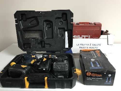 A box of cased Mcallister drill, Hilti Te12S drill, solar lights,