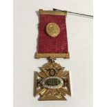 A 9ct gold and enamel Order of Buffaloes medal, upon 9ct gold suspender and ribbon with steel pin,