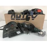 A box of power tools including planers, jig saws,