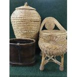 A wicker laundry basket,