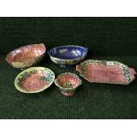 A tray of five pieces of Maling including Peony rose oval bowl, Springtime waved blue oval bowl,