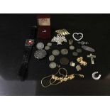 A collection of coins and silver jewellery - earring, brooches,