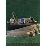Two boxes and bucket containing large quantity of vintage hand tools, wood working planes,