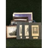 A box of framed pictures and mirrors including a mahogany watercolour - Chipchase castle