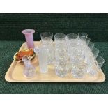 A tray of lead crystal drinking glasses, whisky tumblers, Caithness vase,