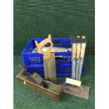 Two boxes of wood working planes, chisels, oil can,