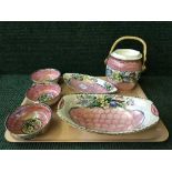 A tray of six pieces of Maling pottery - Springtime waved pink