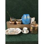 A box of brass and copper ware, ornaments, kitchen storage jars, cased cutlery,